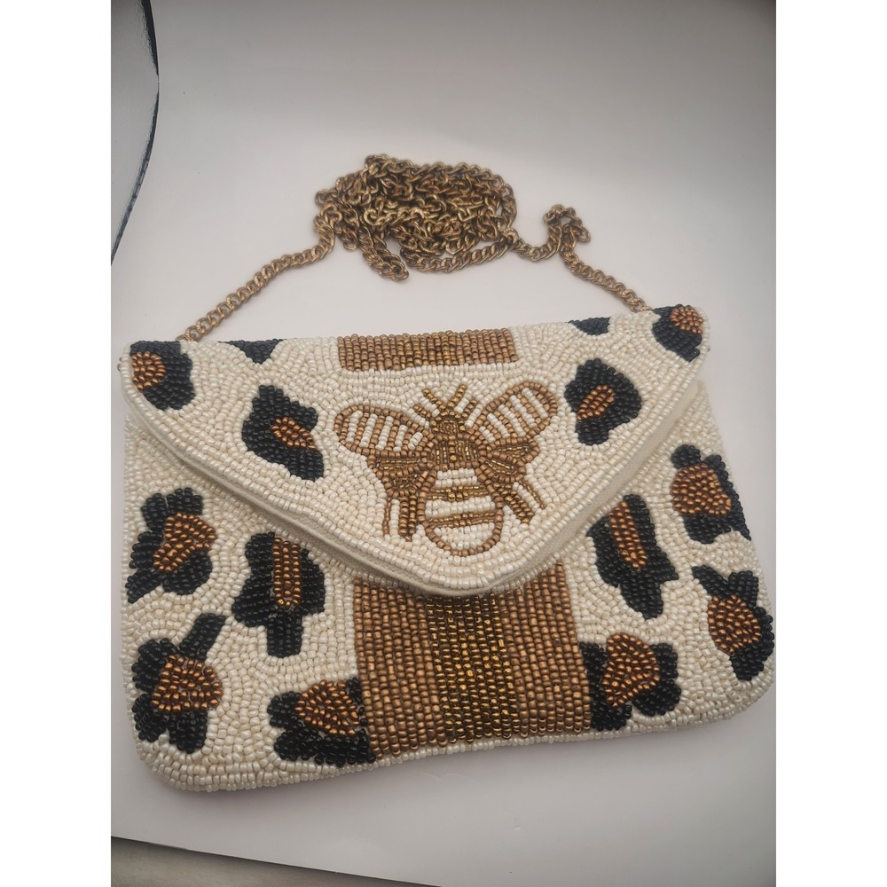 Beaded Leopard Bead Purse Crossbody Chain Pocket Great Clean Condition Bee